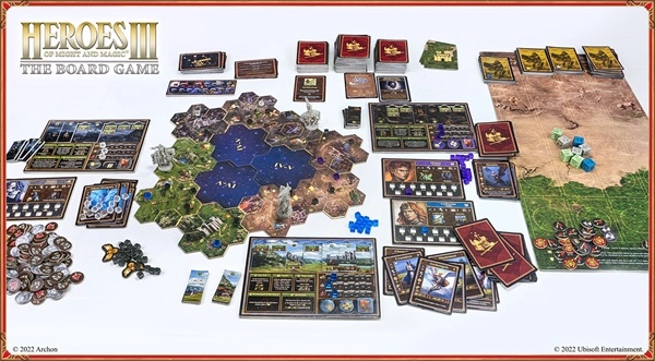 Might & Magic III: The Board Game: Das Spielgeühl mit Karten-Hexteilen und Würfeln auf den Tisch gebracht.