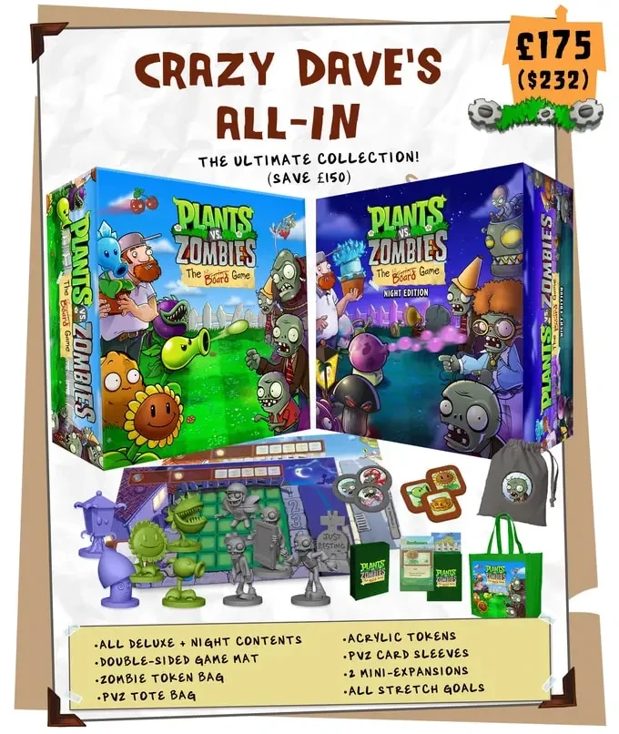 Das Rundum-sorglos-Paket für Zombie-Fans: Neben dem Grundspiel und der Night Expansion enthält Crazy Dave’s All-In unter anderem eine doppelseitige Spielmatte, Acrylmarker, Kartenhüllen und natürlich jede Menge Miniaturen.